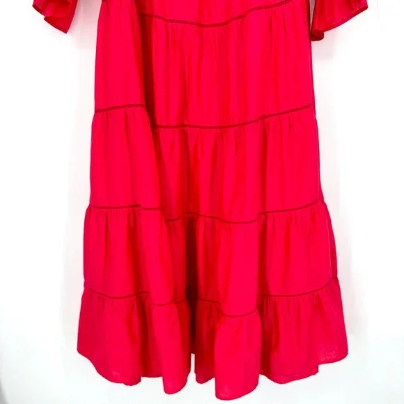 Merlette NY Paradis Eyelet Tiered Midi Dress Sz XXL Pink 100% Cotton Puff Sleeve